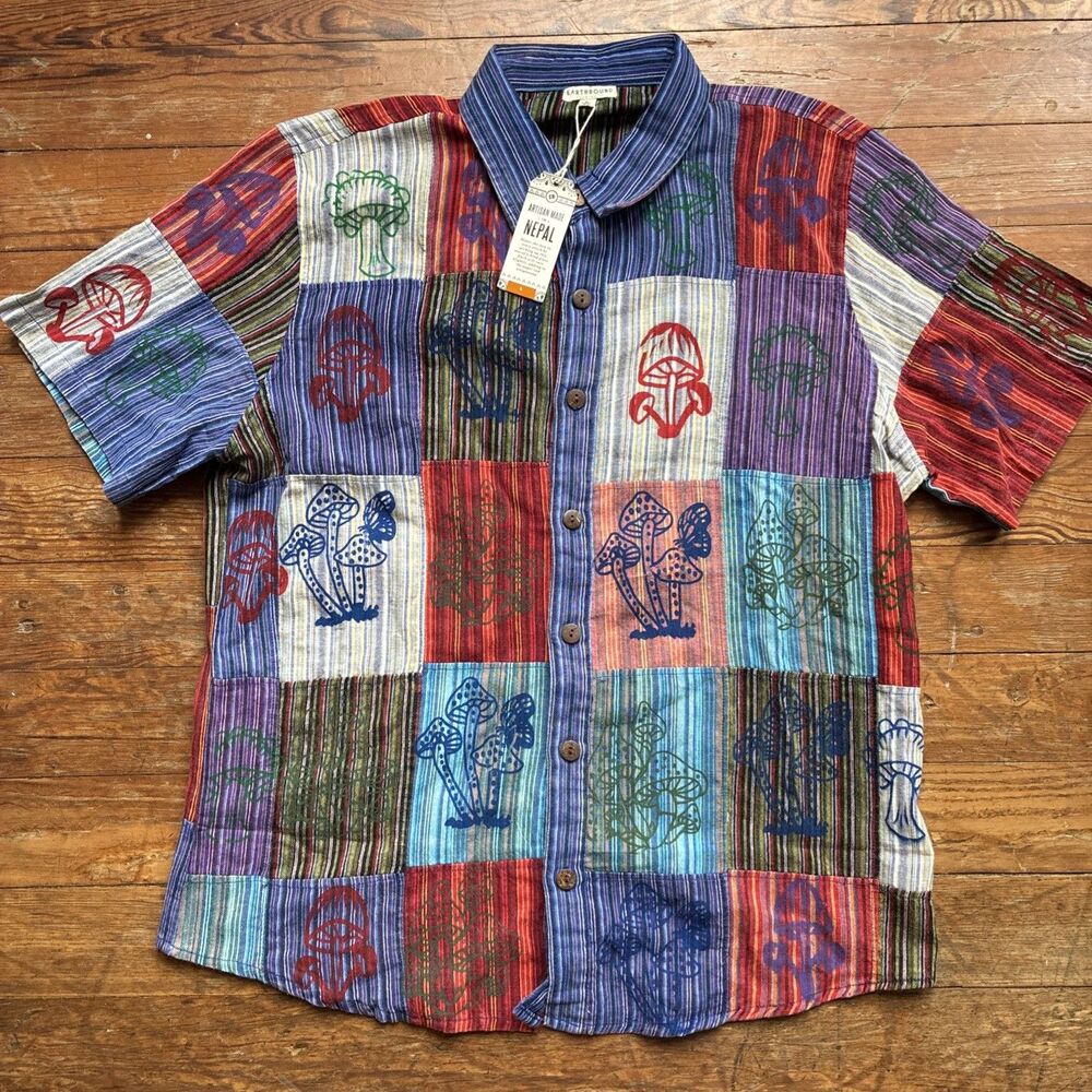 Earthbound Shirt Mens L Mulitcolor Patchwork Mushrooms Hippie Granola Party